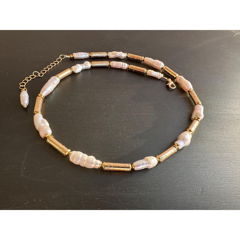 16 inch Biwa Pearl Choker, Gold Plated Hematite Beads, Minimalist Necklace